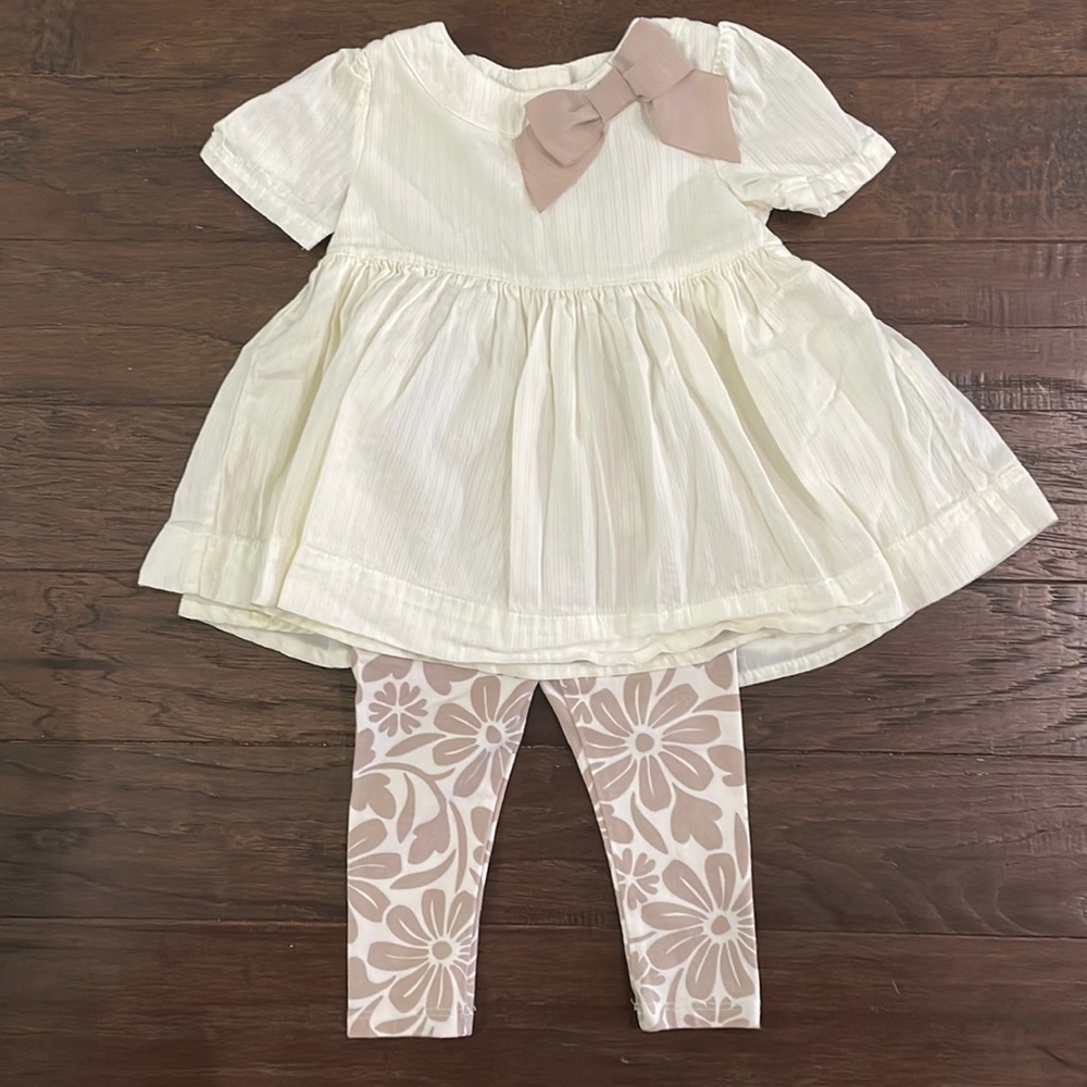 Cream Baby Girl Dress Outfit with Leggings 3-6M